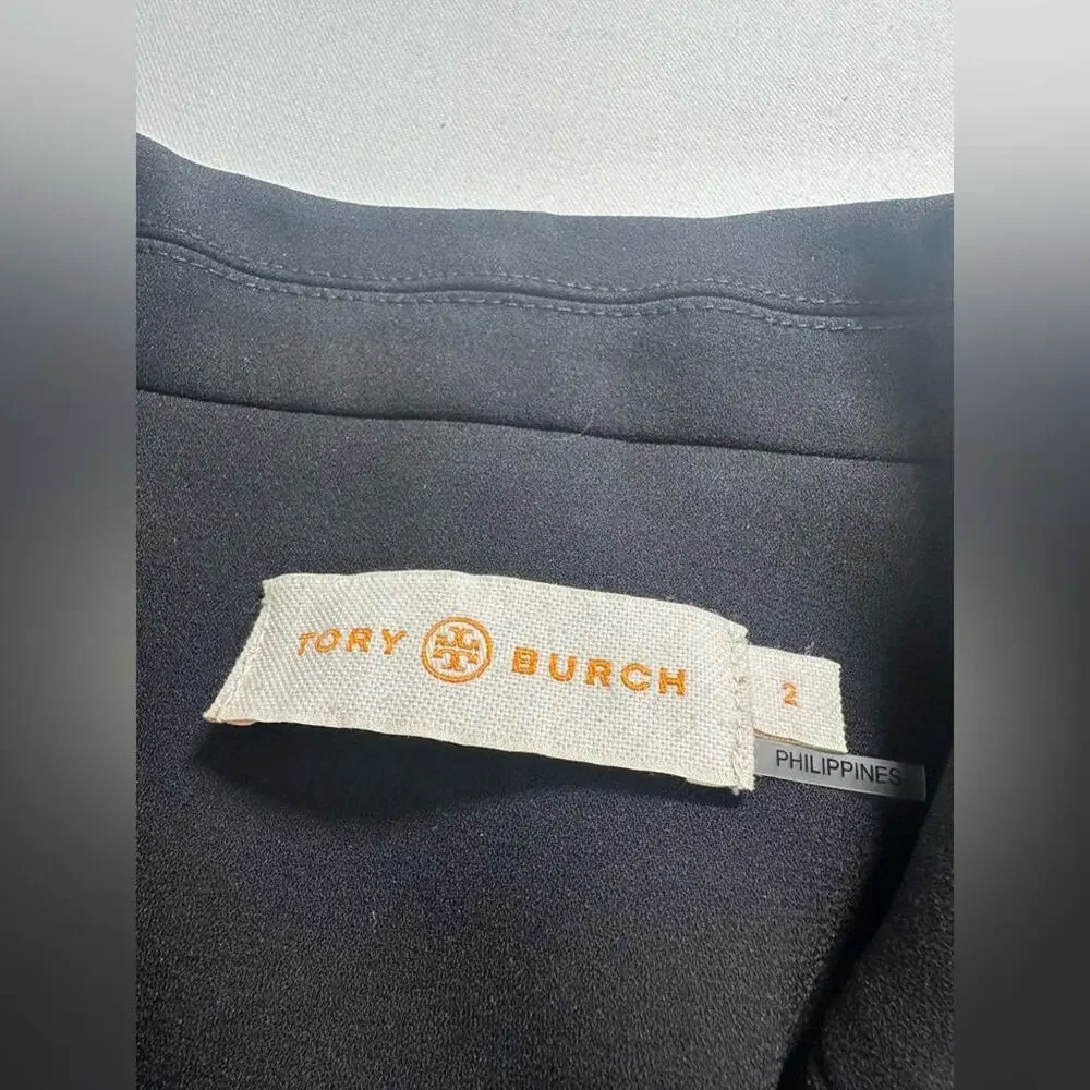 Tory Burch‎ Black Contrast White Stitch Blazer Tie Front Grommet Size 2